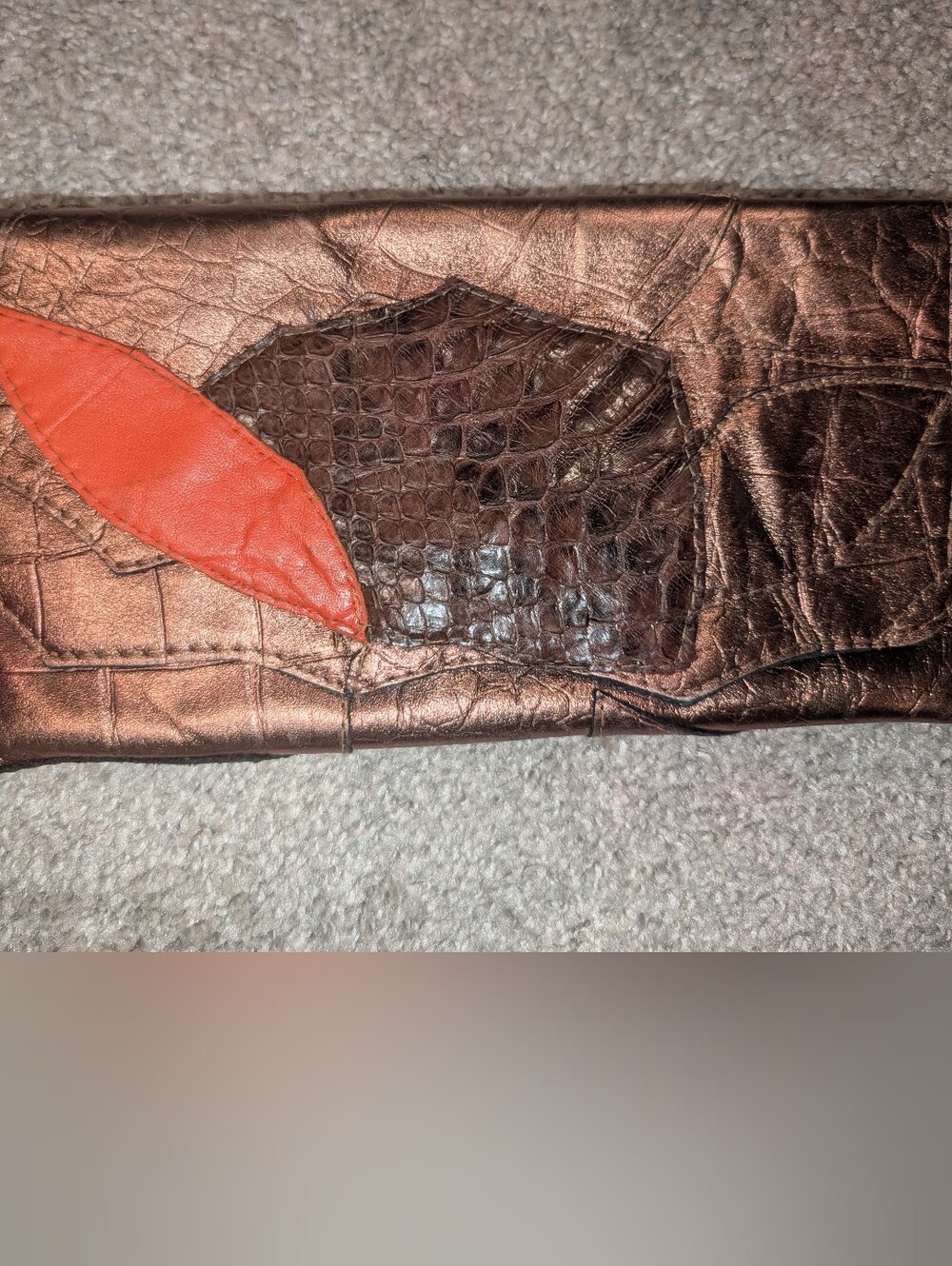 Handmade Metallic Brown Croc-Texture Women's Clutch with Orange Accent